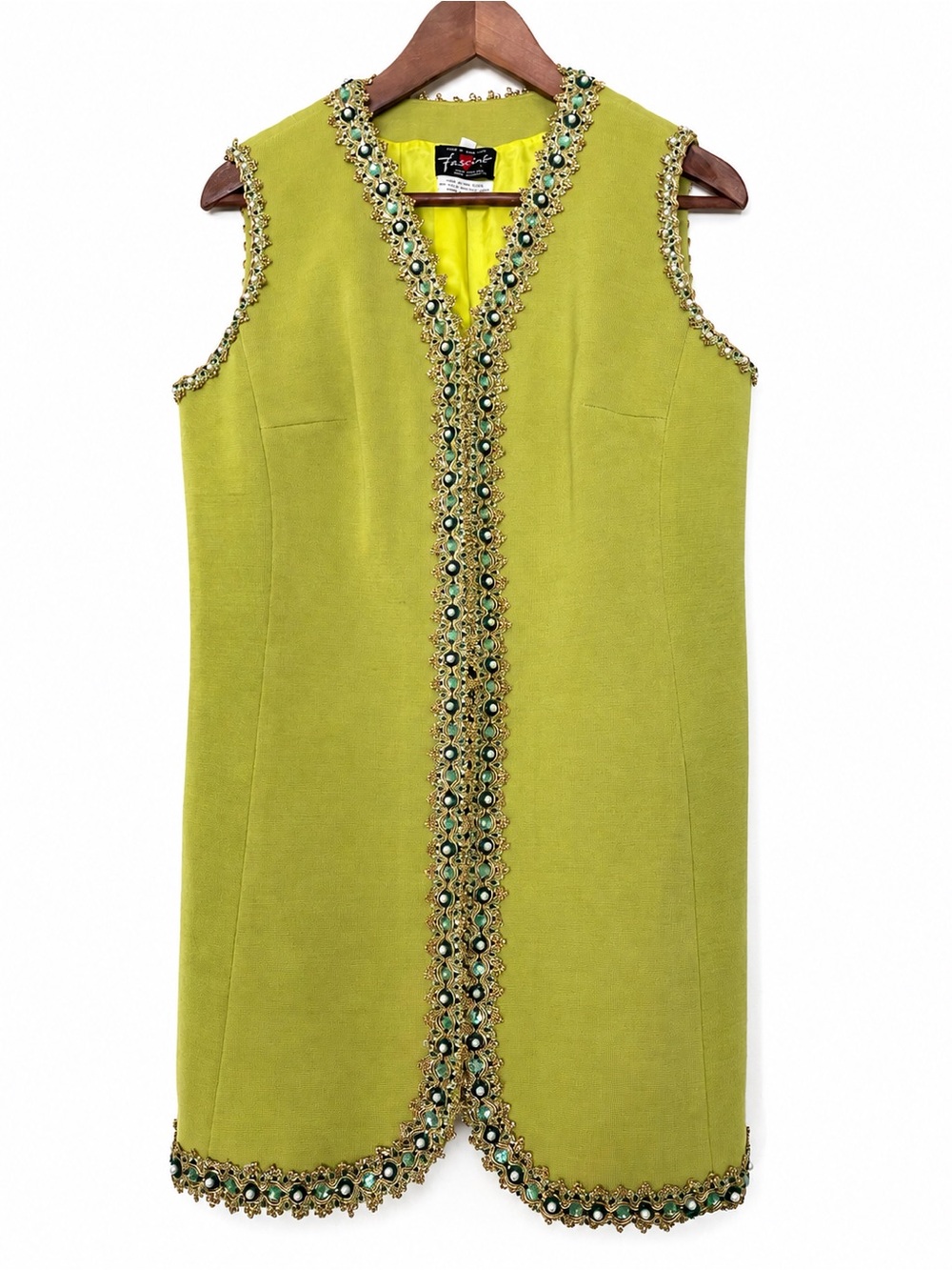 Vintage Fascine Jeweled Wool Tunic Vest Mod 1960s Mid Century Lime Green